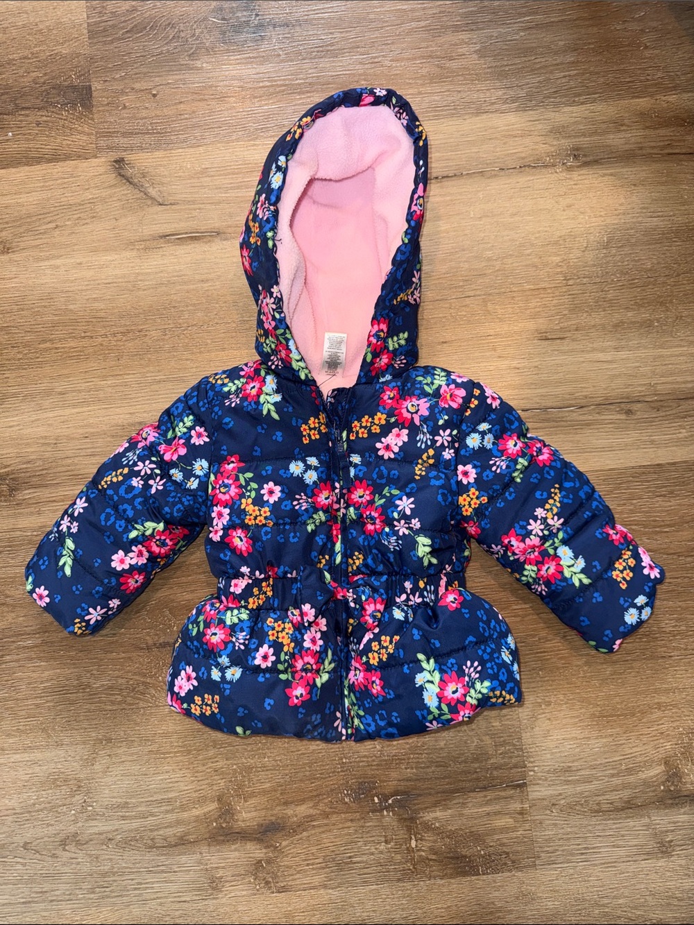 Girls Floral Navy Hooded Puffer Jacket with Pink Lining
